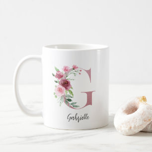 Florale initiaal G bordeauxrozen Bewerkbare naam Koffiemok