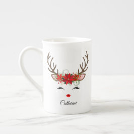 Florale Kerst Reindeer Gepersonaliseerde Naam Porselein Kop