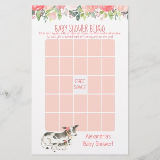 Florale Koe Baby Shower Bingo Spel (Voorkant)