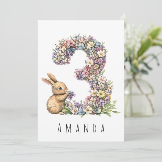 Florale Konijn 3e Verjaardagskaart Kaart (Staand voorkant)