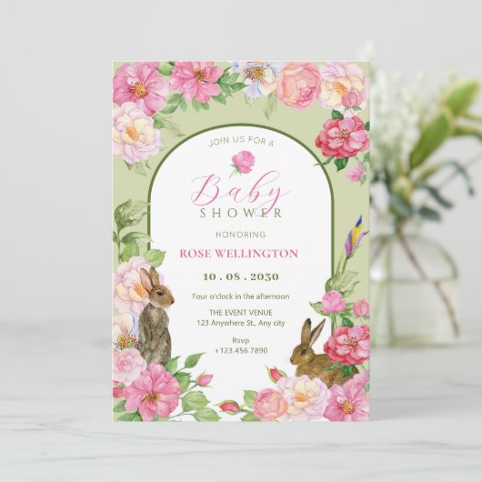 Florale konijn baby shower kaart (Staand voorkant)