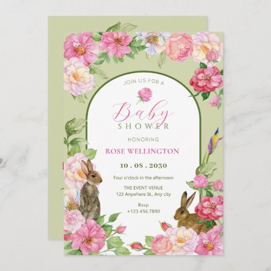 Florale konijn baby shower kaart (Voorkant / Achterkant)