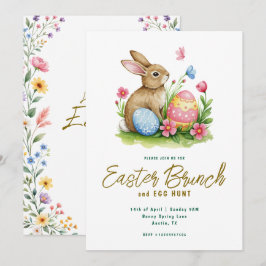Florale Konijn en Ei Waterverf Paasbrunch  Kaart