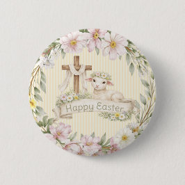 Florale Kruis en Lam | Gelukkig Pasen Ronde Button 5,7 Cm
