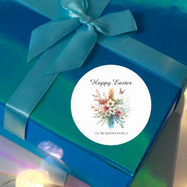 Florale Kruis Pastel Waterverf Religieus Pasen Ronde Sticker