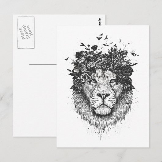 Florale leeuw (zwart-wit) briefkaart (Voorkant / Achterkant)