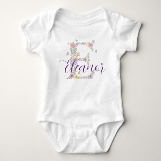 Florale Letter E Persoonlijk Baby Onesie Romper (Voorkant)
