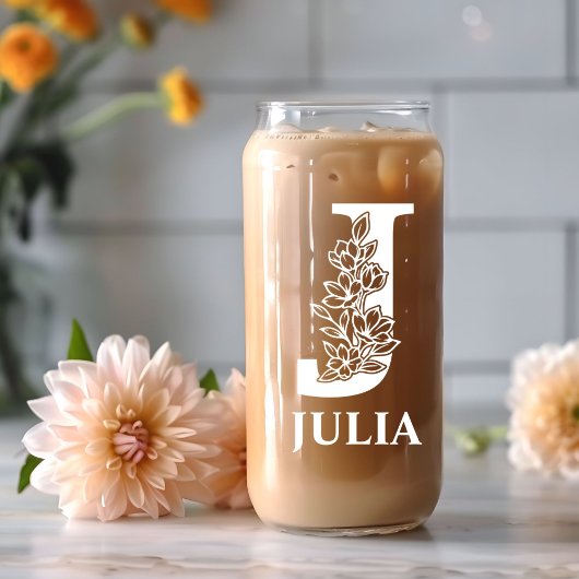 Florale Letter J Monogram Met Naam Wit Blikvorm Glas
