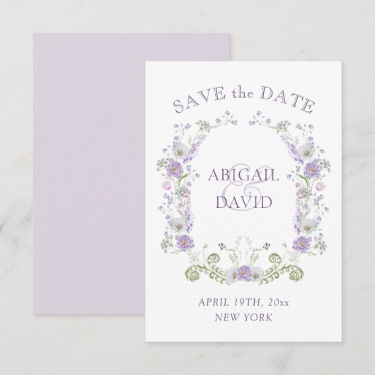 Florale Lila Boog Frame Trouwkaart Save The Date (Voorkant / Achterkant)