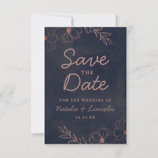 Florale marinegrens Rustige marineblauw en Roos go Save The Date (Voorkant)