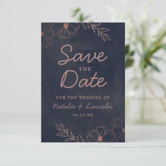 Florale marinegrens Rustige marineblauw en Roos go Save The Date (Staand voorkant)