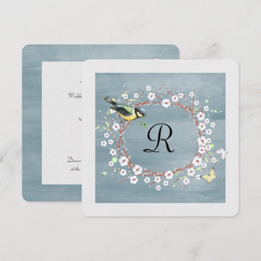 florale mond met monogram en vogel kaart (Voorkant / Achterkant)