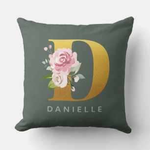 Florale Monogram Gepersonaliseerde Nep Gouden Lett Kussen