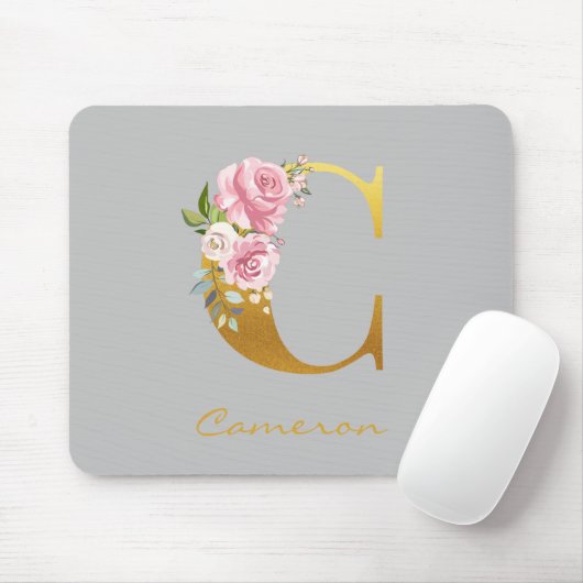 Florale Monogram Gouden Naam Initiaal Gepersonalis Muismat (Met muis)