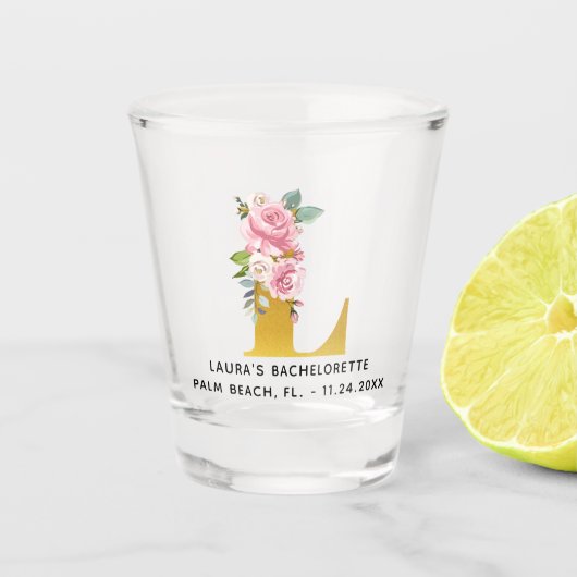 Florale Monogram L Meidenavond Feestnaam Shot Glas (Voorkant)