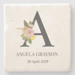 Florale Monogram Letter A Aangepaste Naam en Datum Stenen Onderzetter
