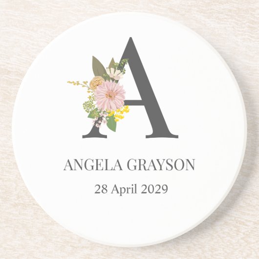 Florale Monogram Letter A Aangepaste Naam en Datum Zandsteen Onderzetter (Voorkant)