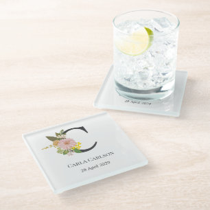 Florale Monogram Letter C Aangepaste Naam en Datum Glazen Onderzetter