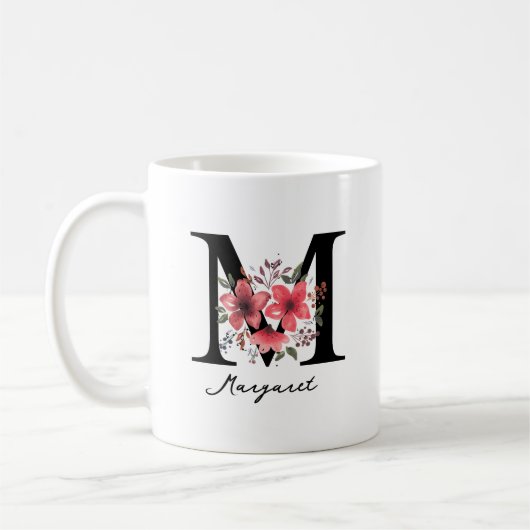 Florale Monogram Letter M Margaret Aangepaste Naam Koffiemok (Links)