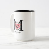 Florale Monogram Letter M Margaret Aangepaste Naam Tweekleurige Koffiemok (Voorkant links)