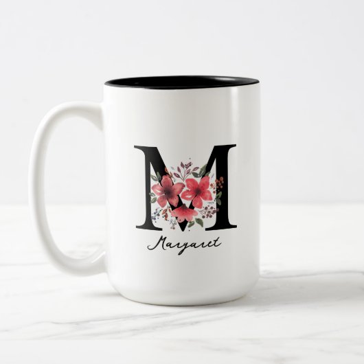 Florale Monogram Letter M Margaret Aangepaste Naam Tweekleurige Koffiemok (Links)