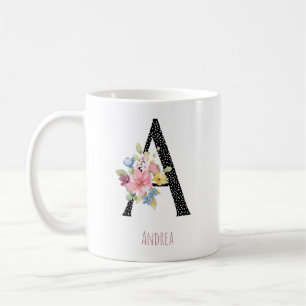 Florale Monogram Naam A Zwarte Stippen Koffiemok