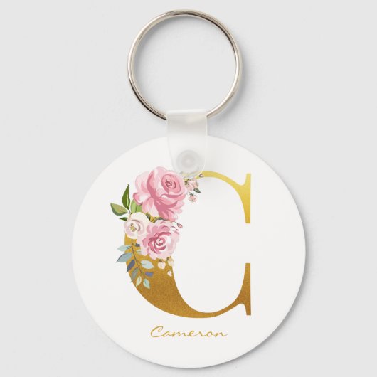 Florale monogram namaak goud naam initiaal persona sleutelhanger (Voorkant)