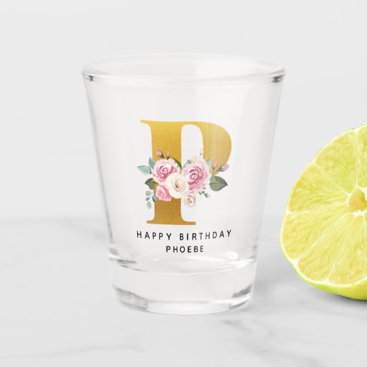 Florale Monogram Verjaardag Gepersonaliseerde Naam Shot Glas (Voorkant)