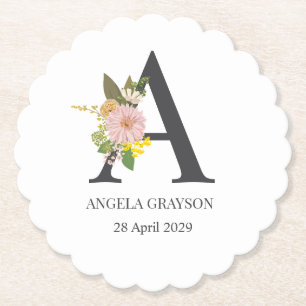 Florale monogramletter A Aangepaste naam en datum  Kartonnen Onderzetters