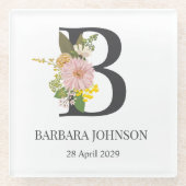 Florale monogramletter B aangepaste naam en datum Glazen Onderzetter (Voorkant)