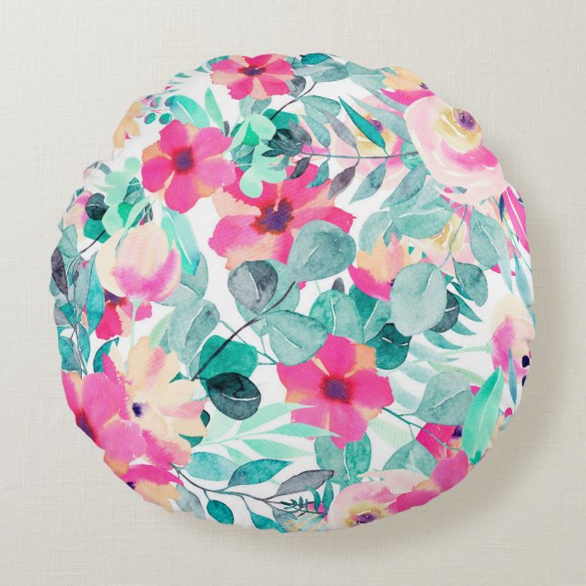 Florale motieven in de waterverf rond kussen (Voorkant)