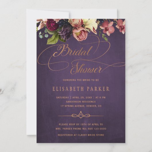  florale paarse gouden script vrijgezellenfeest kaart (Voorkant)