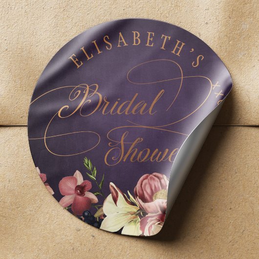  florale paarse gouden script vrijgezellenfeest ronde sticker