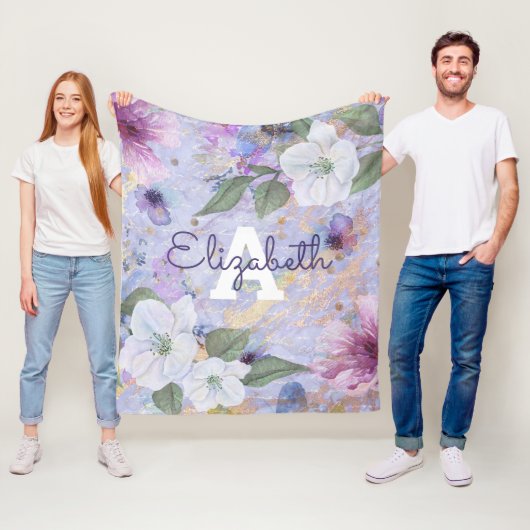 florale paarse waterverf monogram naam fleece deken (In situ)