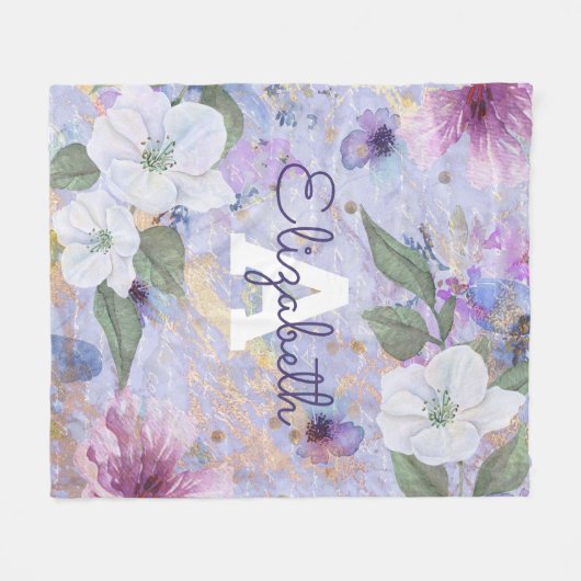  florale paarse waterverf monogram naam fleece deken (Voorkant (Horizontaal))