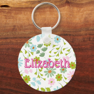 Florale Preppy Gepersonaliseerde Schooltaslabel vo Sleutelhanger