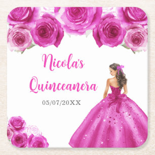 Florale prinses in hete roze jurk Quinceanera Kartonnen Onderzetters