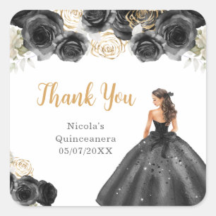 Florale Prinses in Zwarte Jurk Quinceanera Vierkante Sticker