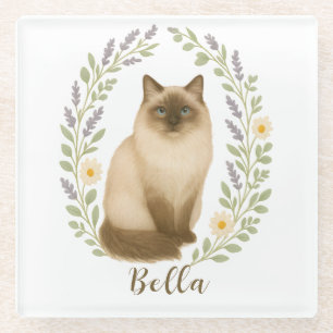 Florale Ragdoll Kat Kader Met Persoonlijke Naam Glazen Onderzetter