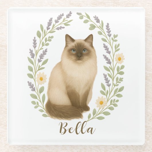 Florale Ragdoll Kat Kader Met Persoonlijke Naam Glazen Onderzetter (Voorkant)