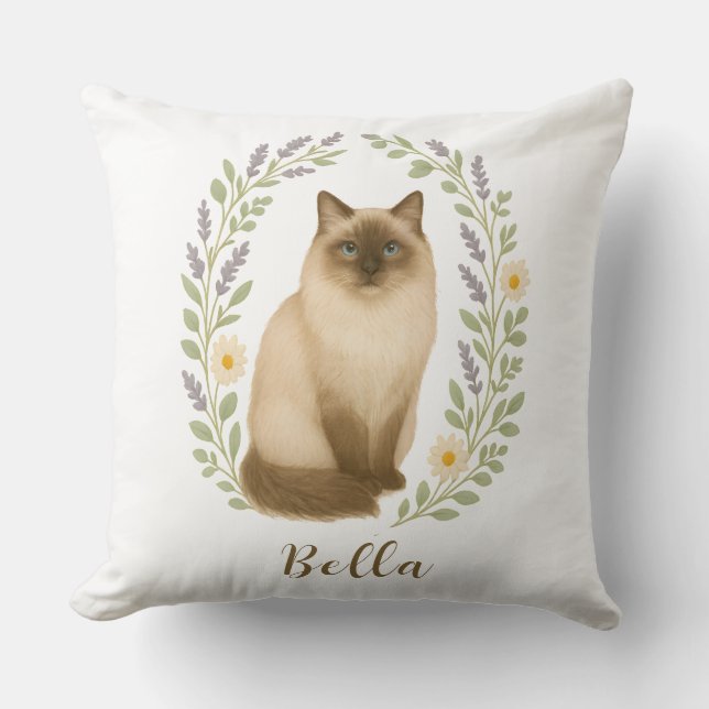 Florale Ragdoll Kat Kader Met Persoonlijke Naam Kussen (Voorkant)