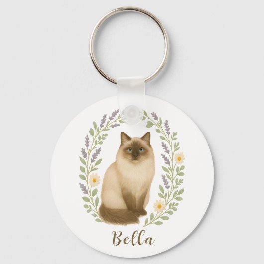 Florale Ragdoll Kat Kader Met Persoonlijke Naam Sleutelhanger (Voorkant)