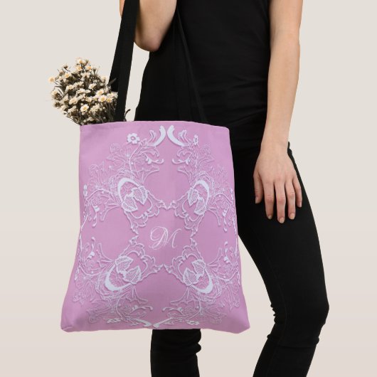 Florale retro roze kant design. tote bag (Dichtbij)
