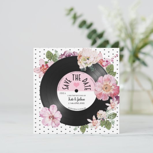  florale retro vinyl Save the Date Wedding Kaart (Staand voorkant)