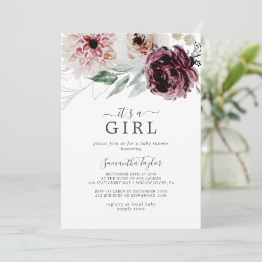 Florale Romance Het is een meisje Baby shower Kaart (Staand voorkant)