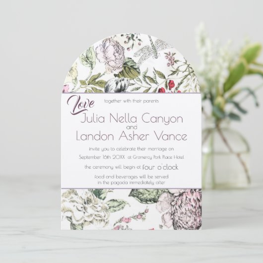  Florale Rozen Dragonfly Rood Paars huwelijk Kaart (Staand voorkant)