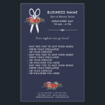 Florale schaar - Navy Blue Hair Salon Flyer<br><div class="desc">Haar salon business flyer in marjoblauw met moderne witte lettertypen,  een paar witte schaar en handgetekende bloemen in prachtige kleurencombinaties: koraal rood,  warm roze,  oranje en wit.</div>