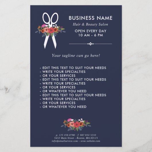 Florale schaar - Navy Blue Hair Salon Flyer (Voorkant)