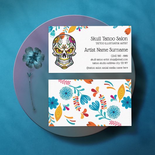 Florale schedel tattoo flash visitekaartje