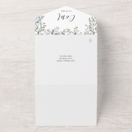 Florale Script Monogram QR Code Huwelijk All In One Uitnodiging (Buitenkant)